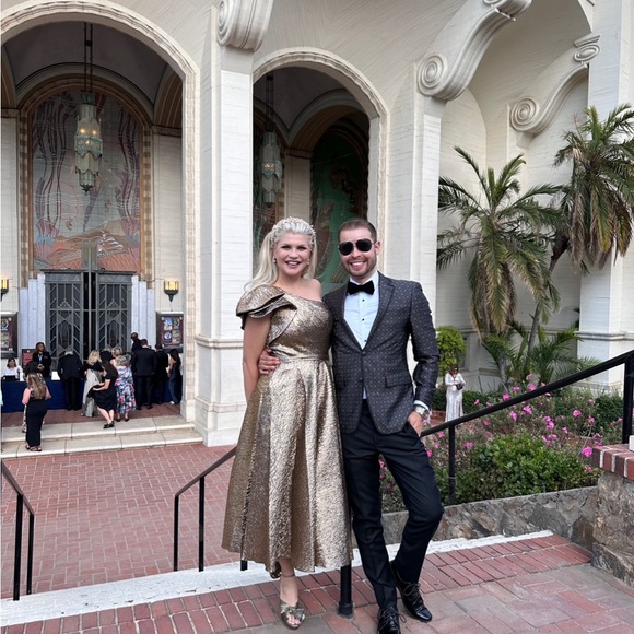 MacDuggal Asymmetric Metallic Tea-Length Dress Size 4 - Picture 5 of 5